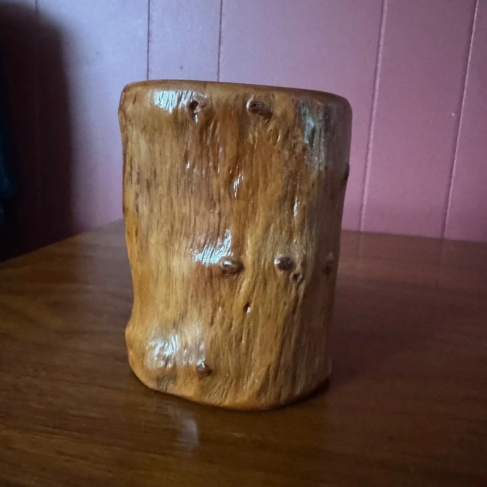 Vintage Rustic Hand Carved Wood Tree Log Vase Pencil Holder Cup Boho Cabin Decor